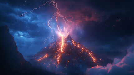Bright forked lightning hitting the peak of a mountain at night, sparks flying and clouds illuminated with dramatic contrast 
