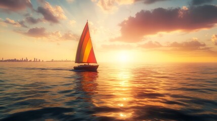 Fototapeta premium Sail into a vibrant sunset, with colorful sails gliding over serene waters. This idyllic escape offers nature lovers adventurers unforgettable memories, perfect relaxation amidst stunning landscapes