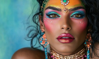 Portrait of a gay Indian drag queen wearing feminine makeup and jewelry, celebrating diversity and self-expression in a colorful and inclusive setting, Generative AI