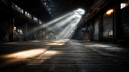 Dramatic sunbeam streaming through industrial warehouse window creating bright light shaft on dark concrete floor, atmospheric architectural interior
