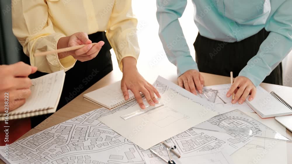 Poster architect and safety engineer write about construction detail blueprint display in laptop on table u
