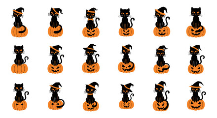 Collection of black cats wearing witch hats sitting on carved halloween pumpkins in various designs