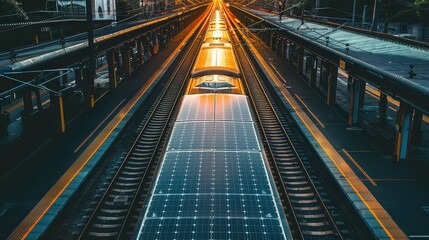 Fototapeta premium Aerial view of a solar panel covered train on tracks between platforms at a train station at sunset