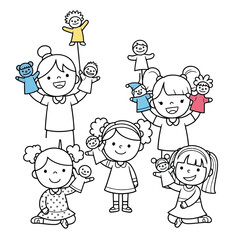 Naklejka premium Happy children joyfully playing with their adorable hand puppets.