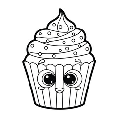 Adorable cupcake character, outlined for coloring, with large eyes and frosting swirl.