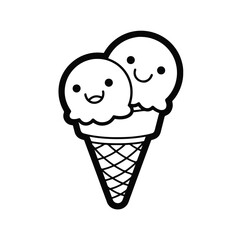 Adorable cartoon ice cream scoops in a waffle cone, smiling happily.