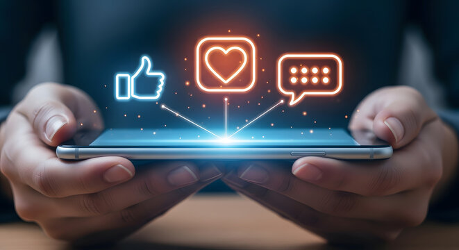 Hands holding smartphone displaying social media icons