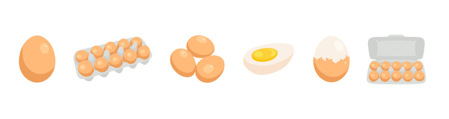 Eggs set. Raw, boiled, whole and sliced, peeled eggs. Scrambled eggs, omelette, yolks, eggshell, egg carton box isolated on white background. Poultry farming theme. Flat vector design illustration