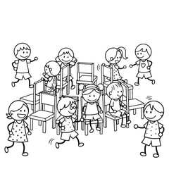 Children playing musical chairs, some are seated while others are running around the chairs.