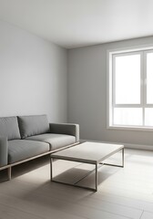 Minimalist Interior: Serene Living Room with Grey Sofa and Natural Light Hues
