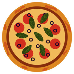 A top-down illustration of a whole pizza with fresh tomato, basil, and black olive toppings.