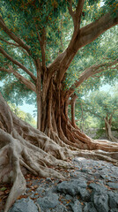 Majestic Banyan Tree with Intricate Exposed Roots: A Symbol of Nature's Strength and Resilience in Vibrant Greenery and Serene Landscape Setting