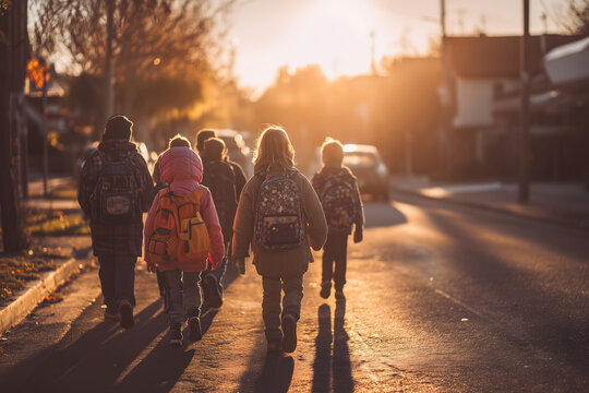 Group of diverse children walking to school with backpacks, chatting happily under morning sunshine, suburban street, warm tones, cinematic composition. 