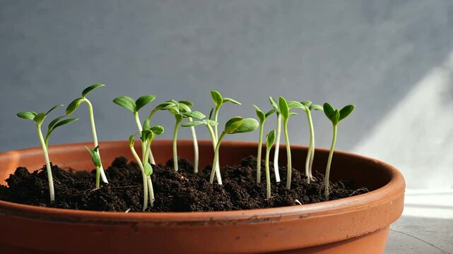 Young green seedlings sprouting from dark soil in a terracotta pot, illuminated by sunlight