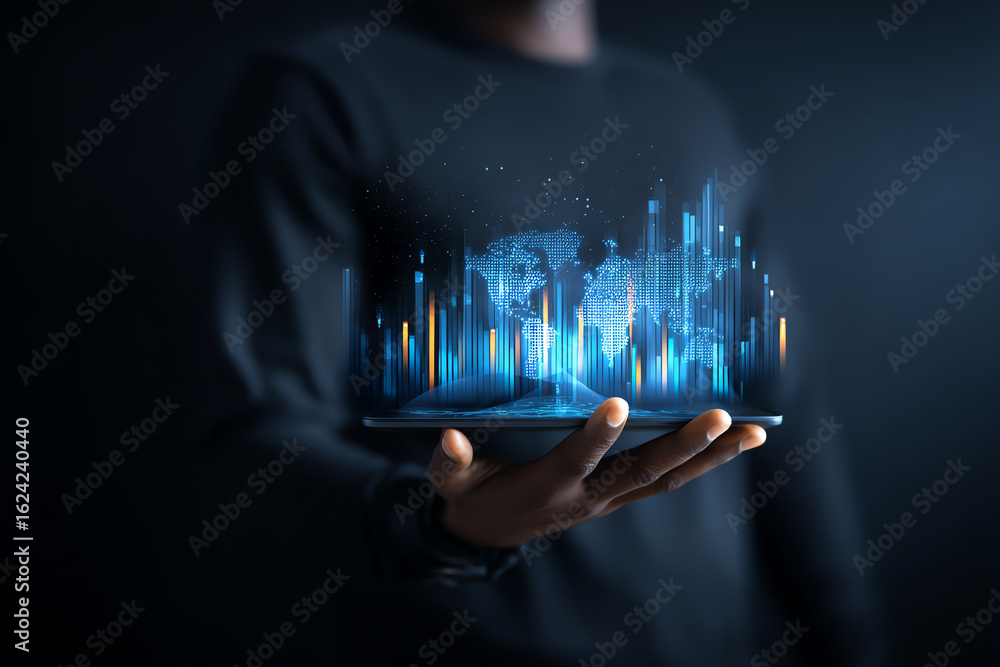Fototapete a person holds a digital tablet projecting a holographic world map with vertical data bars, symboliz