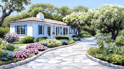 Obraz premium Serene Spring Scene with Roses and Blooming Flowers in Backyard