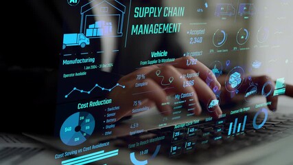 Supply chain management interface showing delivery routes, warehouse efficiency, cost savings, vehicle tracking, procurement ROI, and contract stages. Futuristic supply chain monitoring system. Thunk - Powered by Adobe