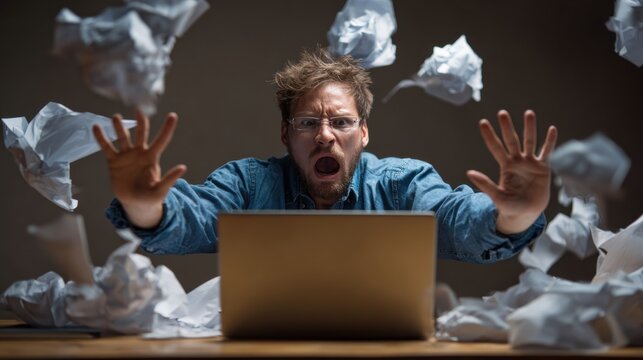 Overwhelmed with Paperwork: A frantic individual battles with mounting chaos, facing a surge of paper. His expressions show stress, deadlines, and challenges of modern work. 