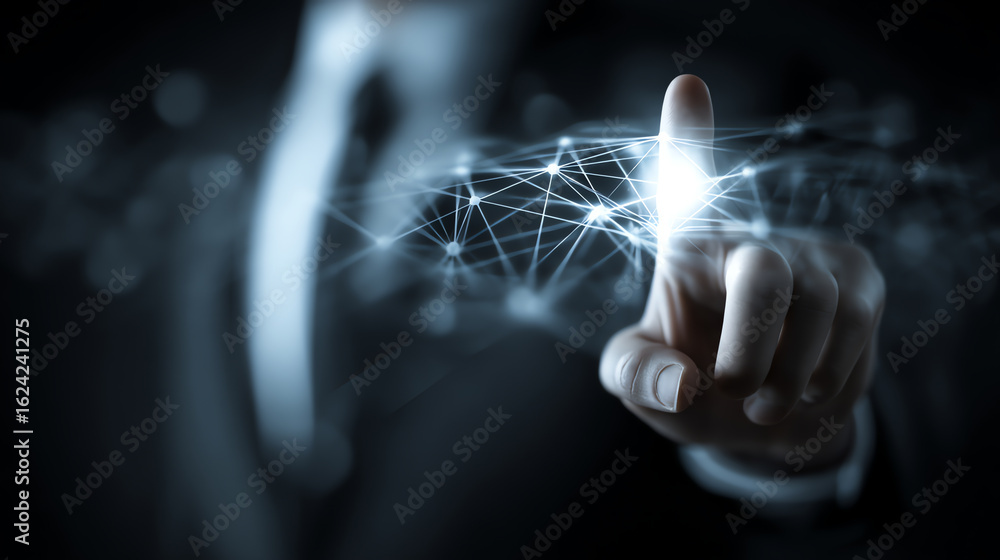 Aufkleber a person’s hand is pointing forward, interacting with a glowing network of interconnected nodes and 