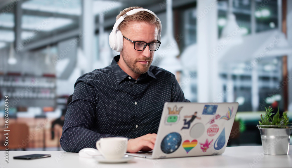 Poster young web designer creating graphic for technology company website