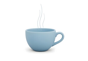 A light blue ceramic coffee cup with steam rising from the hot beverage inside isolated on a white background