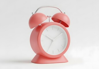 Retro pink twin bell alarm clock with a white face and metal handle on a white background