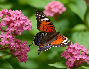 The butterfly on the grass with pink flowers.