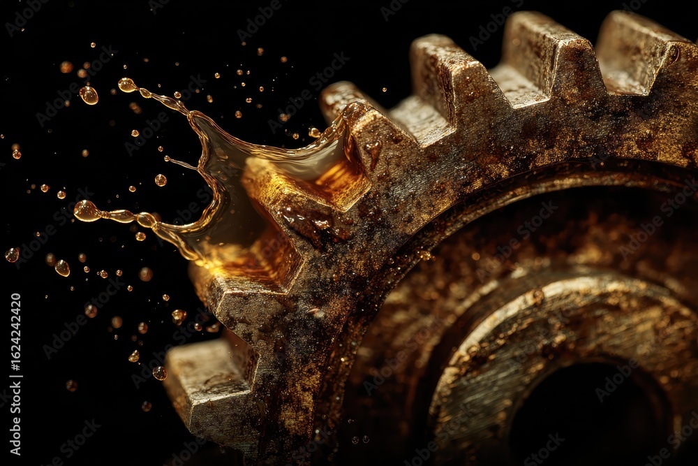 Aufkleber close up of an oil-splashed gear highlighting mechanical precision and motion against a dark backgro