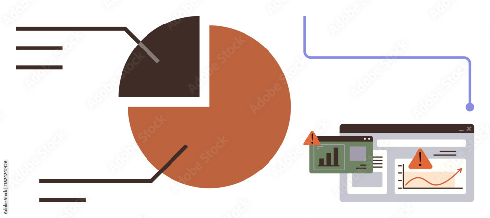 Poster pie chart with labels, a dashboard showing a trend graph, mini data screens, and warning icons. idea