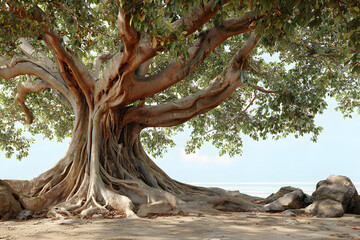 Majestic Banyan Tree with Intricate Exposed Roots: A Symbol of Nature's Strength and Resilience in Vibrant Greenery and Serene Landscape Setting