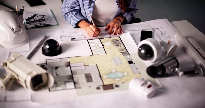 Female Architect Designing CCTV Security System With Blueprints