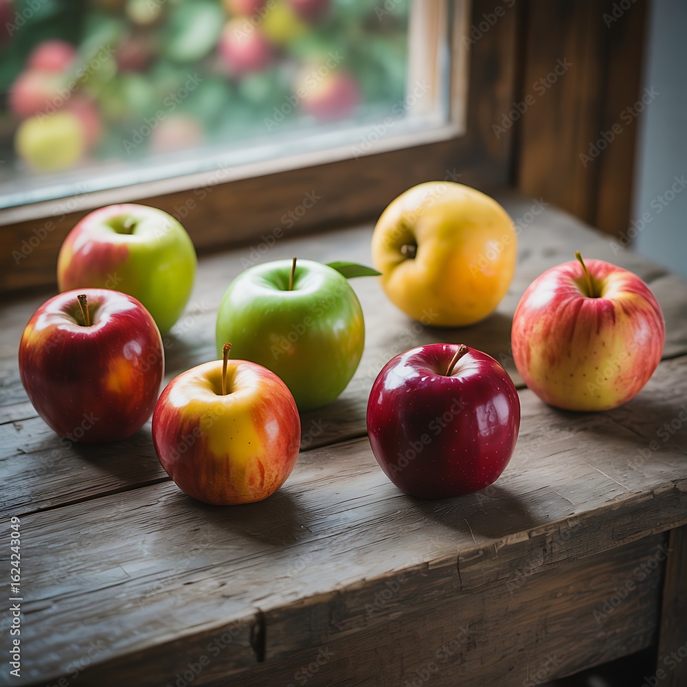 Poster assortment of fresh red and green apples resting on a rustic wooden table near a window with a blurr