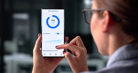Woman Increasing Credit Score Online With Good Report On Her Phone