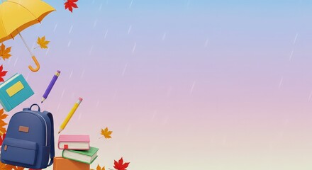 A whimsical back to school scene with backpack books and umbrella against a pastel gradient background