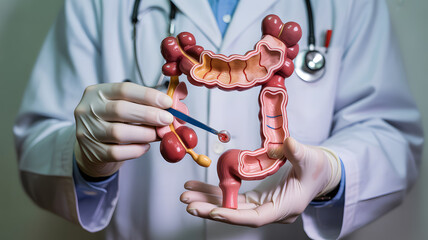 Doctor expertly demonstrating colon anatomy with model and surgical instrument for medical education resources