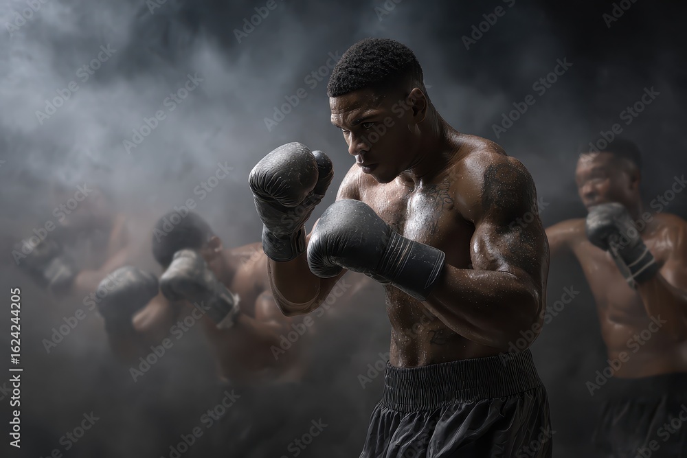 Poster boxer practices various punch combinations in a training session surrounded by mist and focused ener