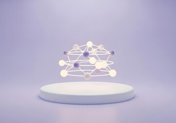 Abstract glowing network structure suspended above a minimalist white podium against a soft purple background