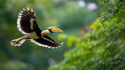 Fototapeta premium Hornbill bird flying with wide wings and vibrant beak near lush forest foliage