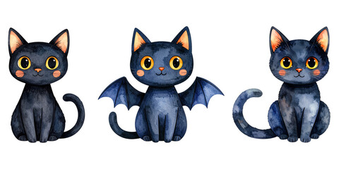 Cute cartoon black cat. Watercolor style. Halloween and holiday. Cartoon festive illustration.