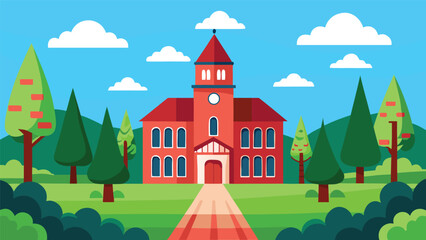 Fototapeta premium Victorian school building with lush greenery and sky