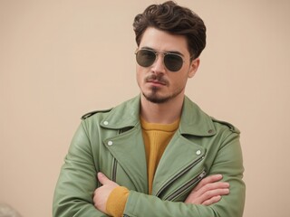 Fototapeta premium Stylish young man wearing sunglasses and green jacket portrait