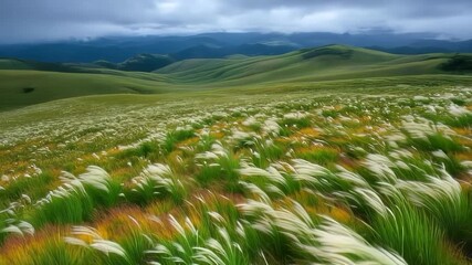 Gentle breeze sweeping across a vast, green meadow dotted with feathery stipa grass