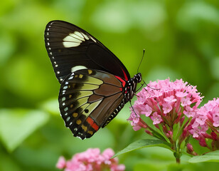 The butterfly on the grass with pink flowers.