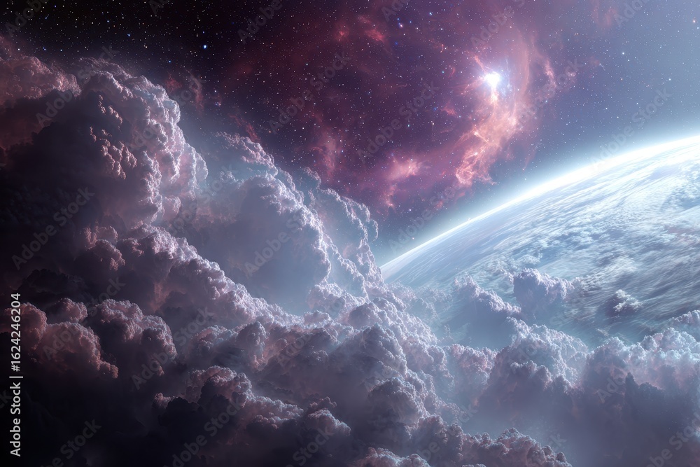 Poster exploring the beauty of a distant nebula with swirling clouds and the vastness of space in a captiva