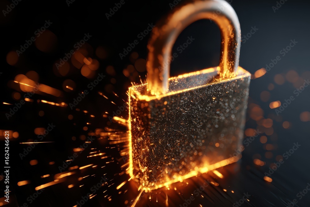 Poster exploring the concept of digital security with a focus on a glowing padlock surrounded by sparks, il