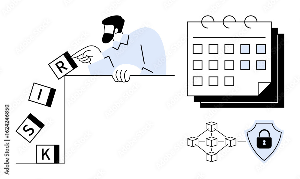 Poster man tipping risk blocks over edge, calendar symbolizing planning, blockchain network, and shield rep