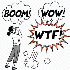 Cartoon woman looking surprised at something with boom wow and wtf messages comical disbelief concept © design png