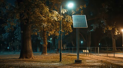 A solar powered street light illuminates a park at night with benches and trees in the background