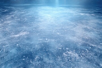 Clear blue ice surface of an ice hockey rink ready for play in an indoor arena during a bright day
