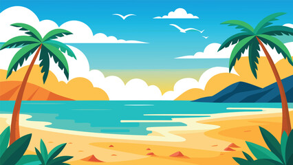 Fototapeta premium Vibrant tropical beach paradise with palm trees and ocean waves